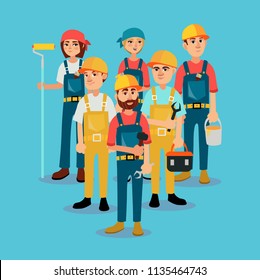 The brigade of builders in bright working clothes. Vector illustration