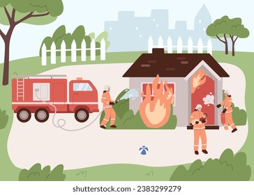 Brigade team of firemen putting out fire in a house. Saving life of a child by figherfighter. Flat cartoon vector illustration. Fire extinguisher.