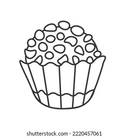 Brigadeiro Brazilian dessert doodle. Brigadeiro gourmet black outline on white background. Small round sweet candy with sprinkles on cupcake liner line art