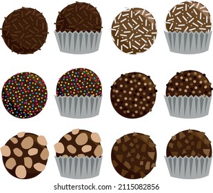 conjunto de iconos de postre de chocolate típico de brigadeiro brasilero. íconos de la bola de cololato