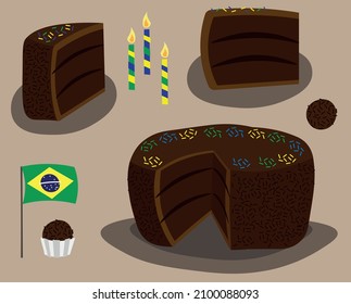 Brigadeiro cake brazilian chocolate cake. Typical brazil dessert with candles and flag. Bolo chocolate.