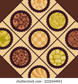 Brigadeiro candies in a box. Nine Brazilian round sweets in a small box top view. Cartoon vector illustration.