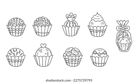 Brigadeiro Candies Doodle Set. Hand drawn collection of food vector illustration. Isolated black line art Brazilian sweet desserts, chocolate candy with sprinkles