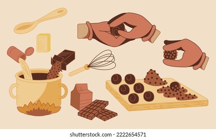 Brigadeiro candy cooking. How to make Brazilian sweets. Cartoon vector illustration.