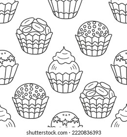 Brigadeiro candy doodle seamless pattern. Brazilian Fudge Balls hand drawn black and white seamless background with traditional brazilian sweet dessert. Repeat vector illustration for shop, packaging