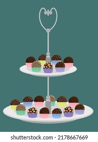 Brigadeiro chocolate balls bobon on silver cake plate. vector illustration