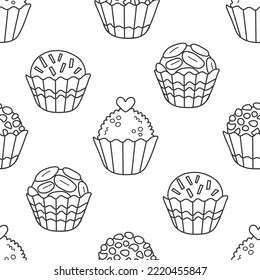 Brigadeiro doodle seamless pattern. Hand drawn endless background with traditional Brazilian dessert. Cute elegant black outline repeat vector illustration on white for product packaging, wallpaper