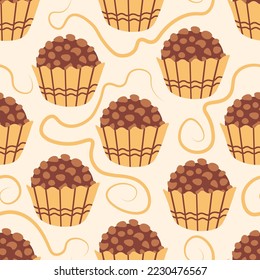 Brigadeiro food seamless pattern. Pastry seamless background with round chocolate candy in golden colors for candy shop, wallpaper, decoration, wrapping, packaging paper