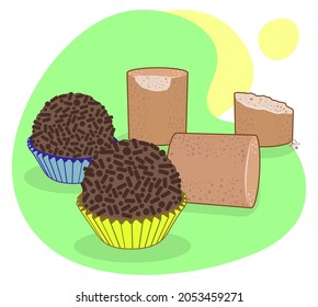 paçoca and brigadeiro. typical Brazilian sweets. chocolate and peanut candy. party goodies with background in the colors of the national flag of Brazil. eps10