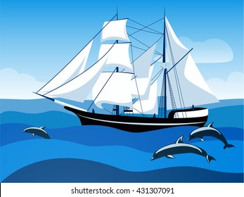 Brigantine raised sail in the blue sea with following dolphins. Sailboat under white sails. Vector illustration. 