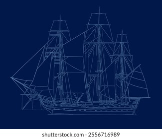 Brigantine sail ship from blue outlines. Vector illustration. Side view