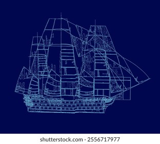 Brigantine sail ship from blue outlines. Vector illustration. Side view