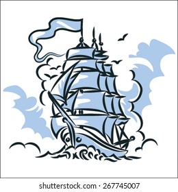 Brigantine sail ship, caravel sailing on the waves, vector illustration