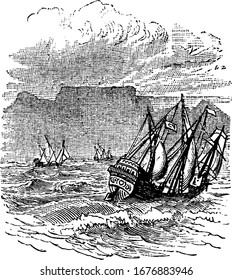 Brigantine Sailing ship is tilted into ocean during ocean storm, vintage line drawing or engraving illustration.