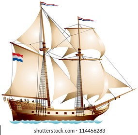 Brigantine sailing vessel, two-masted ship with a totality of sails under Dutch flag color vector illustration