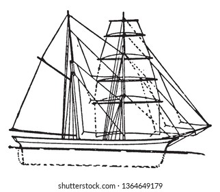Brigantine was a two masted sailing vessel with a fully square rigged foremast, vintage line drawing or engraving illustration.