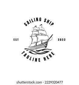 Brigantine vintage sailing ship boat with black and white isolated sketch icon vector