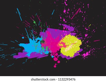 Brigh paint spots on a black background. Abstract hand drawn backdrop. Vector illustration. Texture for cards and flyers design