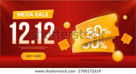 Bright 12.12 mega sale vector banner with coupon, discount up to 50%, red background, and promotional design for December 12 Flash sales events. 3d vector illustration