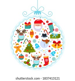 Bright 2019 Happy New Year greeting card Abstract Christmas ball with symbols of Christmas Santa, Christmas tree, deer, gift.All characters in medical masks.Health care during the COVID-19 pandemic.