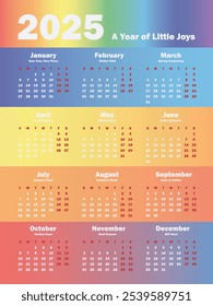 Calendario brillante 2025 con transiciones de color, adecuado para el hogar y la oficina. Con días festivos y nombres motivacionales para cada mes. Convenientemente Plan eventos importantes!