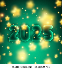 Bright 2025 New Year design featuring glowing green background and golden stars. Vector illustration for celebrations.