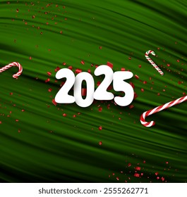 Bright 2025 text surrounded by red confetti and candy canes on a rich green textured background. Perfect for holiday greetings and New Year celebrations