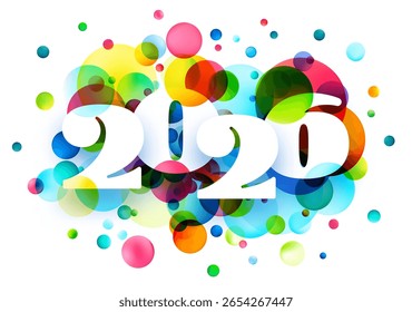 Números brilhantes de 2026 sobrepostos em vibrantes círculos bokeh sobrepostos. Ilustração vetorial.