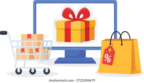 Ein helles 2D-Flachsymbol, das Online-Geschenkeinkäufe mit einem Warenkorb, einem digitalen Geschenkdisplay und einer reduzierten Einkaufstasche veranschaulicht, ideal für E-Commerce, festliche Verkäufe und Online-Werbeaktionen.