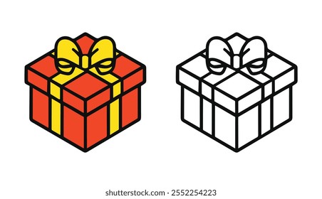 A bright 2D illustration of a colorful red gift box with yellow ribbon, ideal for artbook for children celebrations, holidays, e-commerce, giveaways, customizable designs for festive special occasion.