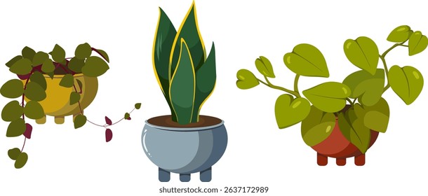 Bright 2D vector set of various indoor plants in decorative pots. Suitable for games, UI and design projects.