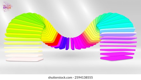 Bright 3D abstraction with an array of smoothly curved objects. Gradient colors. Futuristic style with a dynamic effect of movement.