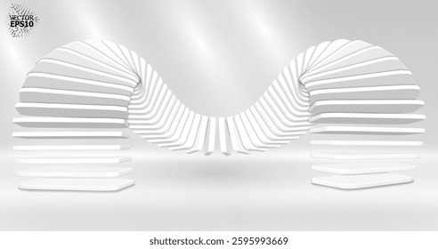 Bright 3D abstraction with an array of smoothly curved objects. Gradient colors. Futuristic style with a dynamic effect of movement.