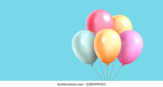 Bright 3d air balloon bunch on string festive surprise background with copy space realistic vector illustration. Colored helium balls with ribbon birthday holiday celebrate party anniversary carnival