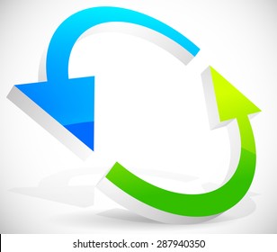 Bright 3d arrows following a circle path - rotating arrows. Design element for repetition, (re)cycle, swapping, interchange, exchange, reuse, renewal or resumption concept.