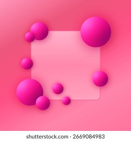 Fondo 3D brillante con esferas de color rosa y morfismo de vidrio. Eps 10