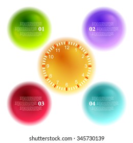 Bolas 3d y reloj luminosos para diseño infográfico. Fondo del vector