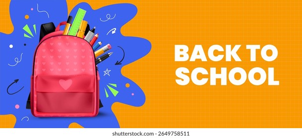 Bright 3D banner with red school backpack full of stationery. Colorful back to school concept with supplies on abstract background. Vector illustration.