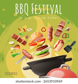 Cartaz de churrasco 3D brilhante com shashlik, hambúrguer, salsichas, perna de frango e pedaços de vegetais. Festival do churrasco. Grill com carne, fast food. Piquenique ao ar livre. Ilustração vetorial. Estilo de desenho animado. Espaço para texto.