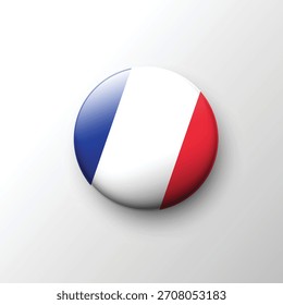 Um botão 3D brilhante que exibe a bandeira tricolor francesa com listras verticais azuis, brancas e vermelhas.