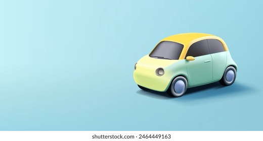 Coche 3D brillante. Un Pequeño coche urbano compacto sobre un fondo azul. Anuncio para conceptos publicitarios. Vector