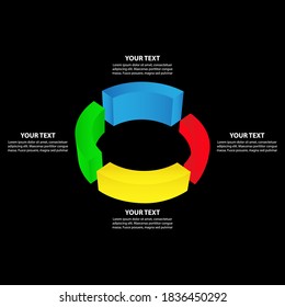 Bright 3D circle pie chart, consisting of 4 parts - Vector infographic illustration on black background