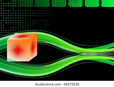 Bright 3d cube and waves on a black background