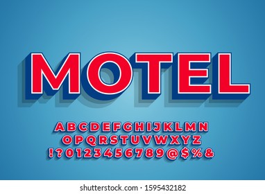 Bright 3d font typeface, retro sign with pop typography style, red alphabet with blue extrude isolated on blue background
