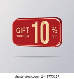 Cupón de vale de regalo 3D brillante 10 % de descuento. Oferta especial de Precio Cupón de venta. Para descuentos, marketing y promoción. Ilustración vectorial.