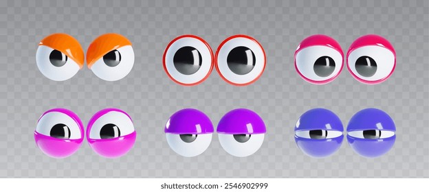 Bright 3D googly eyes with colorful lids and playful oversized look. Fun, exaggerated elements. Cartoon vector set of round plastic-like eyes for creating animated expressions in various designs.