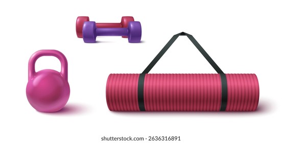 Bright 3d gym equipment set - purple and red dumbbells, pink kettlebell, teal yoga mat with black carrying strap. Colorful fitness accessories for home workout training. Modern exercise tools.