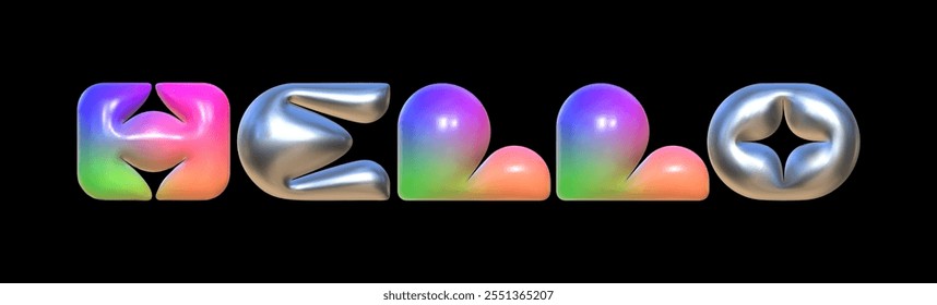 Bright 3D hello. Vector illustration of a greeting with the texture of metal and multi-colored plastic with a reflective texture.