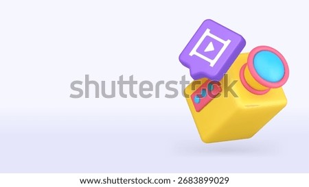 Bright 3D icon showing a digital camera with a play symbol representing streaming, video recording, and content creation. 3d realistic icon copy space banner vector illustration