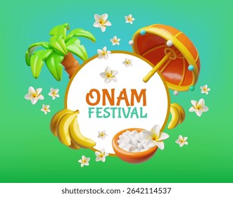 Bright 3D Onam festival greeting card with palm, banana, rice, umbrella and plumeria flowers. Round frame on green background. Harvest celebration in South India, Kerala. Vector cartoon illustration.